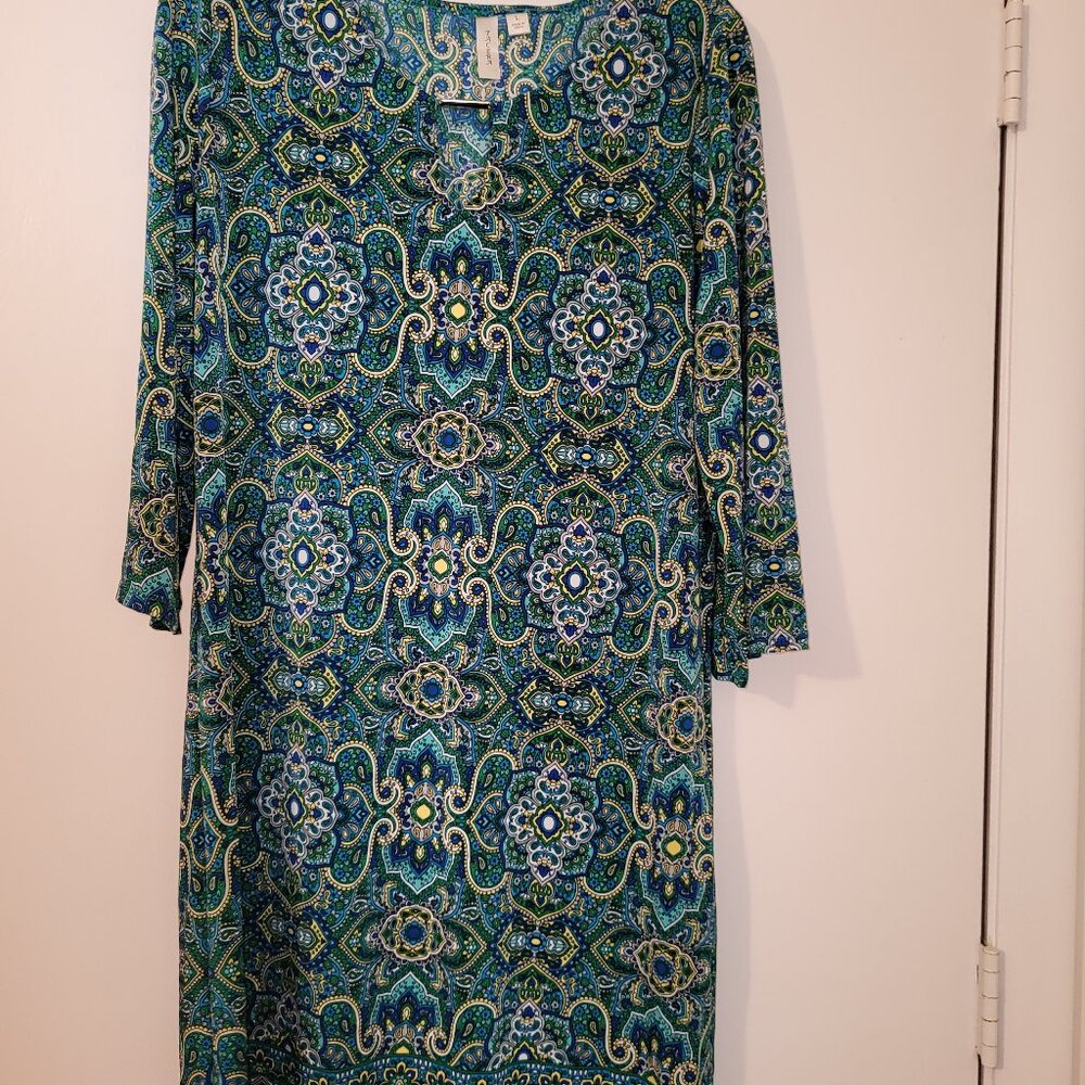 Tacera Multi Green Print Dress with Gold Neck Bar, Size L